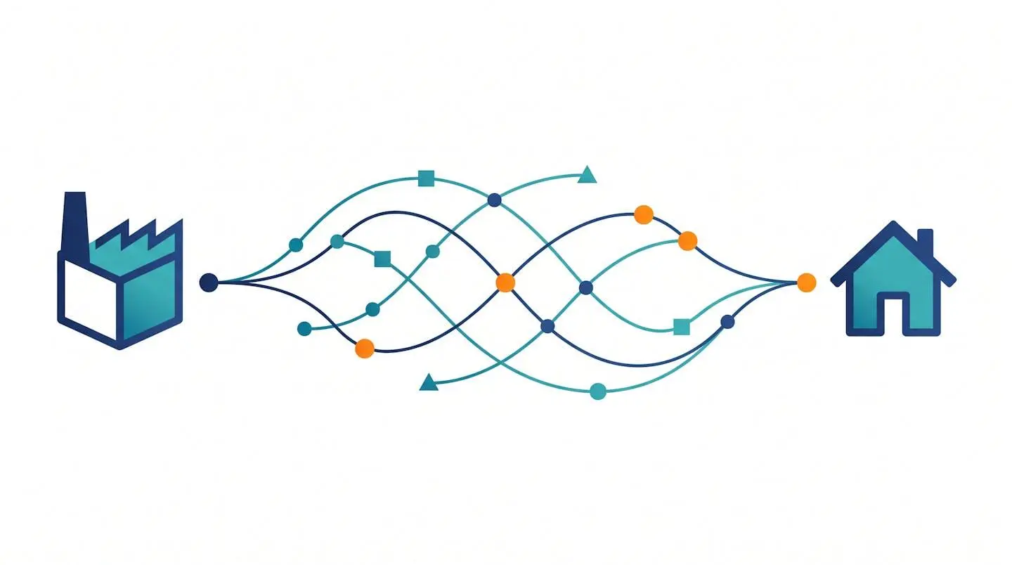 Abstract geometric illustration showing manufacturing represented by circular gear form on left connected to house delivery icon on right through flowing network of data points, lines, and geometric shapes suggesting automated information flow