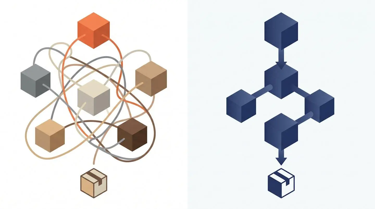 Isometric illustration comparing fragmented sourcing workflow (left: tangled network of multiple intermediary nodes with overlapping connections) versus integrated platform approach (right: streamlined single-path workflow), both leading to same shipping destination