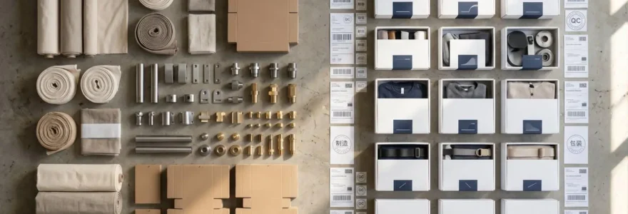 Overhead photograph showing manufacturing transformation journey from raw materials on left (fabric, metal components, blank packaging) to finished branded e-commerce product in premium packaging on right, connected by shadows on concrete surface