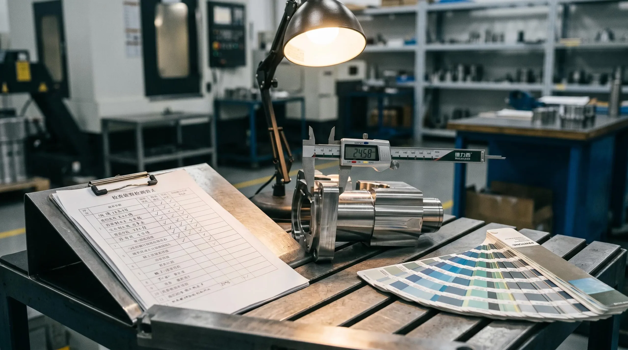 Close-up photograph of quality control inspection station showing digital caliper, magnifying glass, color swatches, and inspection checklist on metal table under task lighting in factory setting